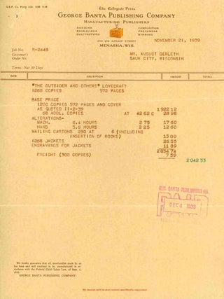 Banta Invoice for THE OUTSIDER (1939)