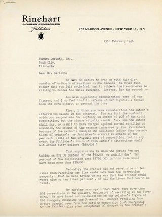 Letter to Derleth from Rinehart About Extra Charges for Edits and Corrections