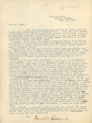 Letter from Henry S. Whitehead to Bernard Austin Dwyer, 22 September 1930
