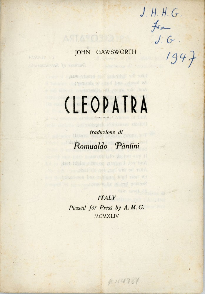 (#114784) CLEOPATRA. Traduzione per Romualdo Pantini. John Gawsworth, Terence Ian Fytton Armstrong.