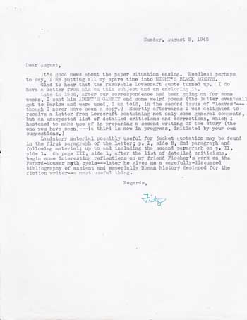 (#116646) TYPED LETTER SIGNED (TLS). 1/2 page on a single sheet of letter-size paper, signed "Fritz" in green ink, dated 5 August 1945, to "Dear August" [Derleth]. Fritz Leiber.