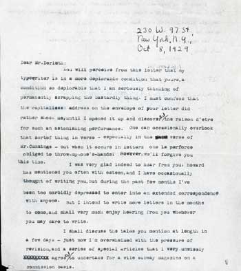 (#116740) TYPED LETTER SIGNED (TLS). 1 1/2 pages on letter-size paper (with 1 1/2 inches trimmed from bottom), signed in black ink, "F. B. Long, Jr.", with five-line handwritten postscript, dated 8 October 1929, to "Dear Mr. Derleth" [August Derleth]. Frank Belknap Long.