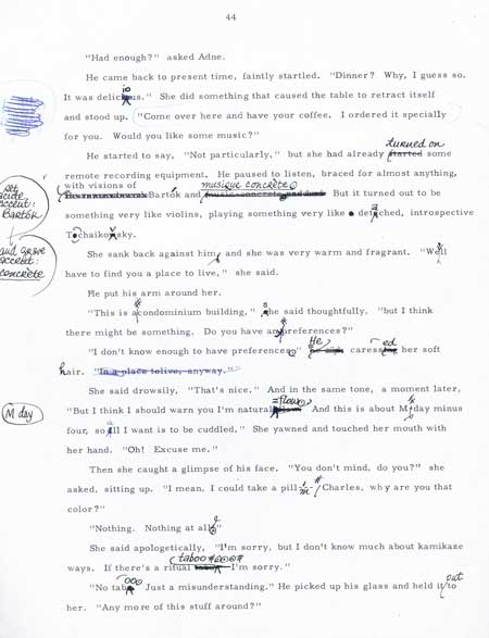 (#118095) THE AGE OF THE PUSSYFOOT [novel]. TYPED MANUSCRIPT (TMs). Circa 192 leaves, ribbon copy. Frederik Pohl.