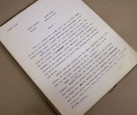 (#118298) ALIEN MINDS [novel]. TYPED MANUSCRIPT (TMs). 245 leaves, top copy typed on standard-size bond paper with numerous autograph corrections by the author and by his wife. Together with TYPED NOTE SIGNED [TNS] by Evans commenting on this draft. E. Everett Evans.