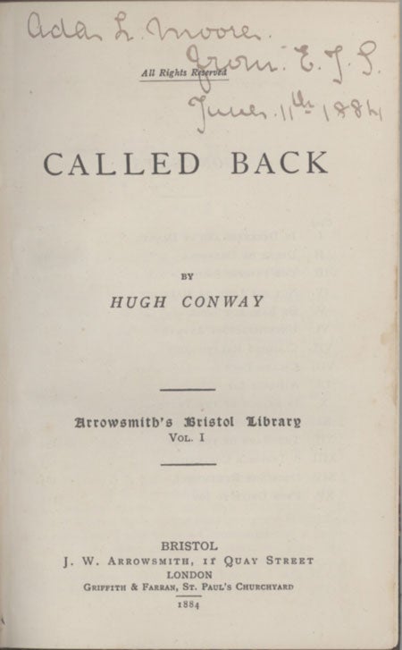 (#130798) CALLED BACK ... Arrowsmith's Bristol Library Vol. I. Frederick John Fargus, "Hugh Conway."