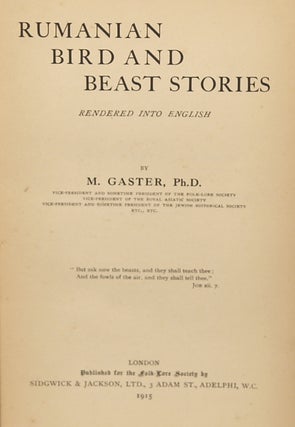 RUMANIAN BIRD AND BEAST STORIES RENDERED INTO ENGLISH ...