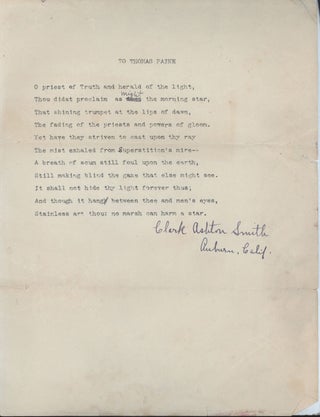 #136824) "TO THOMAS PAINE" [poem]. Typed manuscript signed (TMsS), ribbon copy, eleven lines on...