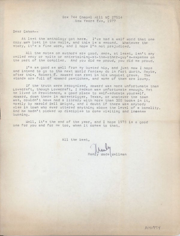 (#140954) TYPED LETTER, SIGNED (TLS) to Gahan Wilson, 31 December 1977, half-page on letter-sized bond. Manley Wade Wellman.