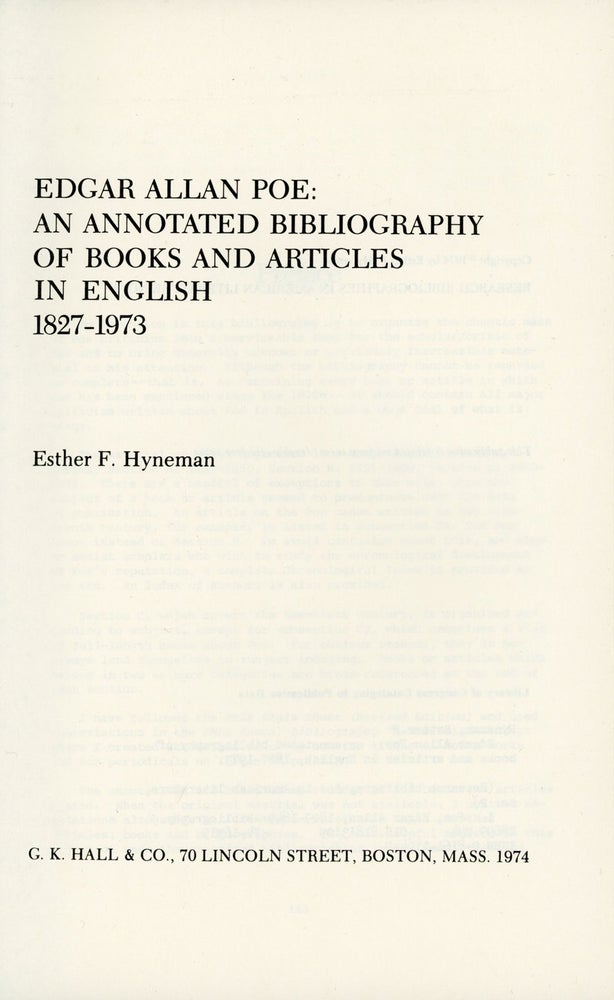 (#154735) EDGAR ALLAN POE: AN ANNOTATED BIBLIOGRAPHY OF BOOKS AND ARTICLES IN ENGLISH 1827-1973. Edgar Allan Poe, Esther F. Hyneman.