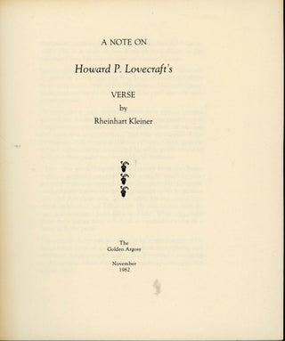 #155707) A NOTE ON HOWARD P. LOVECRAFT'S VERSE. Lovecraft, Rheinhart Kleiner