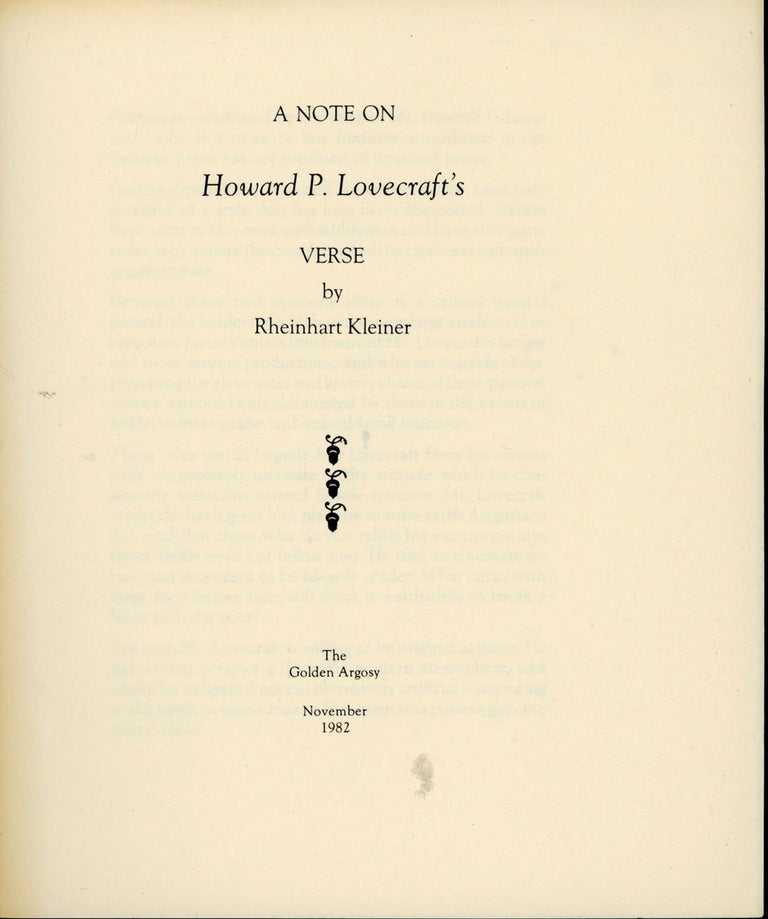 (#155707) A NOTE ON HOWARD P. LOVECRAFT'S VERSE. Lovecraft, Rheinhart Kleiner.