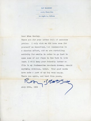 #155723) TYPEWRITTEN LETTER SIGNED (TLS). Eleven lines, dated 30 July 1965, to "Miss Wesley." Ray...