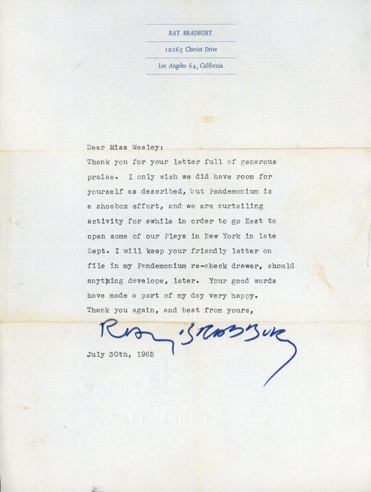 (#155723) TYPEWRITTEN LETTER SIGNED (TLS). Eleven lines, dated 30 July 1965, to "Miss Wesley." Ray Bradbury.