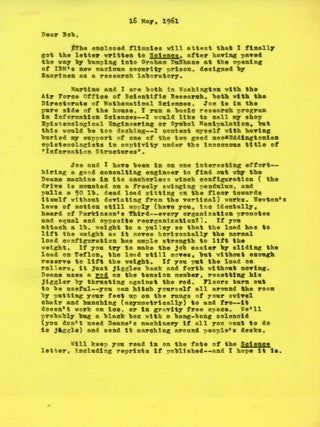 TWO TYPEWRITTEN LETTERS SIGNED (TLsS), two pages, dated 23 March 1961 and one page, dated 26 November 1961, both written on his Colorado Springs, Colorado stationery, from Heinlein to "Dear Harold" [Wooster], both signed "Bob," 1 TYPEWRITTEN LETTER SIGNED (TLS), one page, dated 12 July 1963, on ANALOG letterhead, from Campbell to "Dear Mr. Wooster," signed John W. Campbell, plus carbons of Wooster's letters to Heinlein and Graham DuShane, editor of SCIENCE.