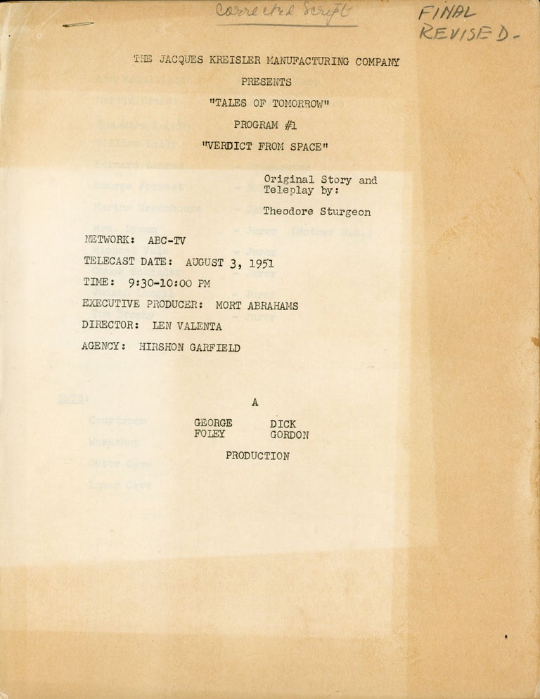 (#156874) THE JACQUES KREISLER MANUFACTURING COMPANY PRESENTS "TALES OF TOMORROW" PROGRAM #1 "VERDICT FROM SPACE" ORIGINAL STORY AND TELEPLAY BY: THEODORE STURGEON. NETWORK: ABC-TV. TELECAST DATE: AUGUST 3, 1951. Theodore Sturgeon.