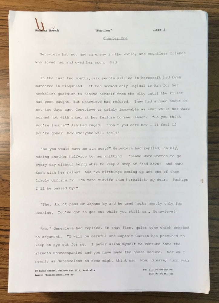 (#157448) HUNTING [Novel]. Typescript, computer generated in 1997. 517 pages, with submission letter and plot summary from Hösth to Tor Books senior editor David G. Hartwell dated 4 April 1997. Andrea Hösth.