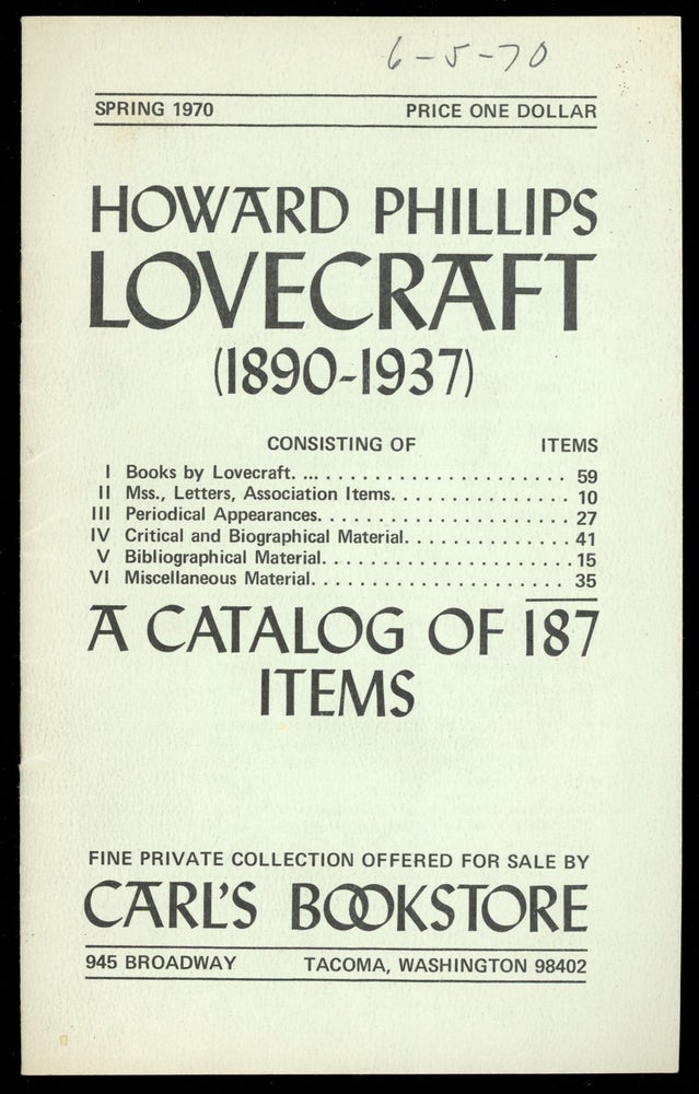 (#158355) HOWARD PHILLIPS LOVECRAFT (1890-1937) ... A CATALOG OF 187 ITEMS. Howard Phillips Lovecraft, Carl's Bookstore.