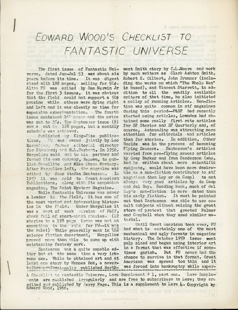 (#162185) EDWARD WOOD'S CHECKLIST TO FANTASTIC UNIVERSE ... [caption title]. Edward Wood.