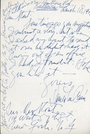 #162822) AUTOGRAPH LETTER SIGNED (ALS). 1 page, dated 18 March 1948, to Rex Stout. James M. Cain