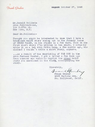 #162827) TYPED LETTER SIGNED (TLS). 1 page, dated 27 October 1948 on his Frank Gruber letterhead,...
