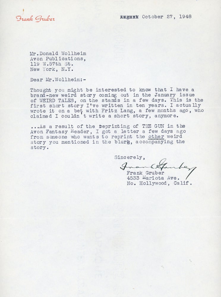 (#162827) TYPED LETTER SIGNED (TLS). 1 page, dated 27 October 1948 on his Frank Gruber letterhead, to Donald A. Wollheim. Frank Gruber.