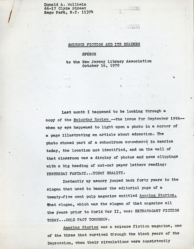 (#162830) SCIENCE FICTION AND ITS READERS: SPEECH TO THE NEW JERSEY LIBRARY ASSOCIATION OCTOBER 16, 1970 [caption title]. Donald A. Wollheim.