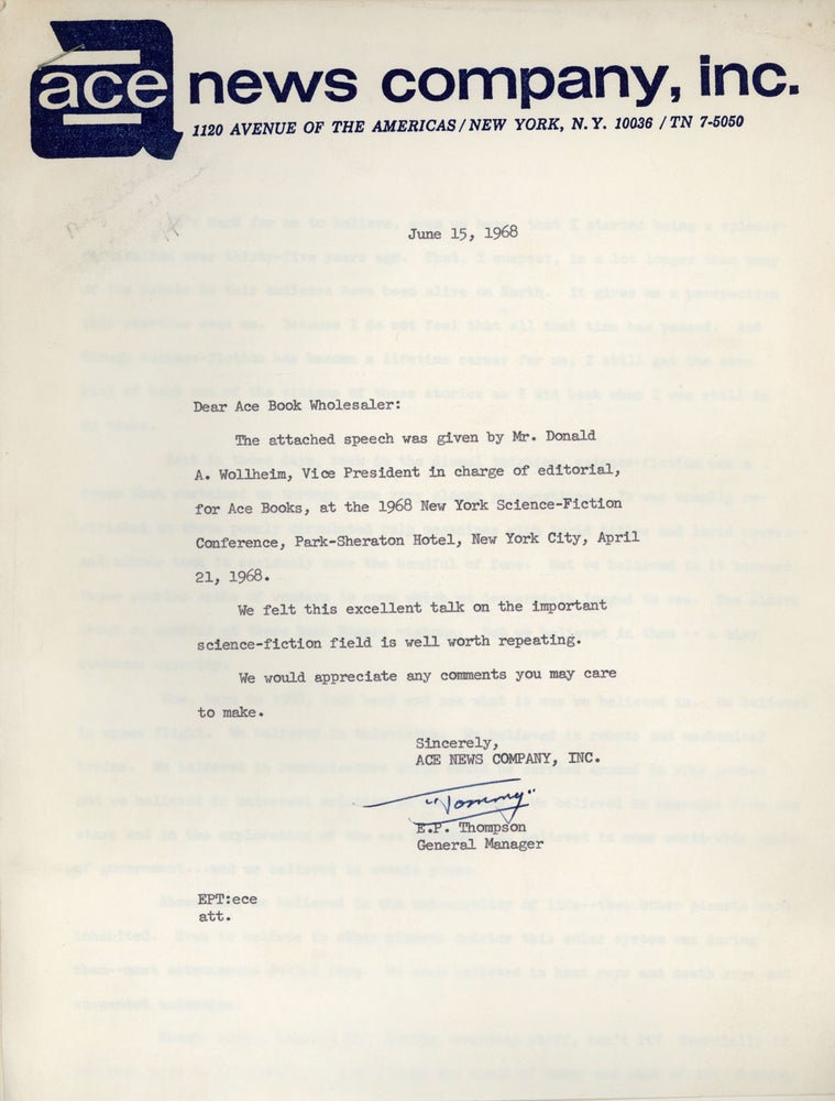(#162832) SPEECH TO THE 1968 NEW YORK SCIENCE FICTION CONFERENCE, PARK-SHERATON HOTEL, NEW YORK CITY, APRIL 21, 1968 [title supplied]. Donald A. Wollheim.