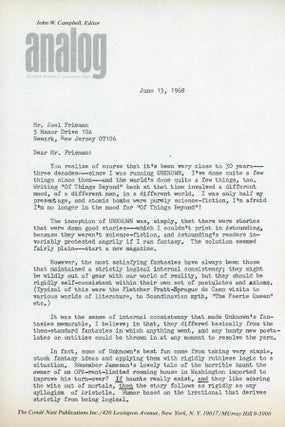 #162848) TYPED LETTER, SIGNED (TLS). 2 pages on 2 sheets, dated 13 June 1968, to Joel Frieman, on...