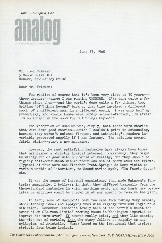 (#162848) TYPED LETTER, SIGNED (TLS). 2 pages on 2 sheets, dated 13 June 1968, to Joel Frieman, on Analog Science Fiction / Science Fact letterhead. John Campbell.