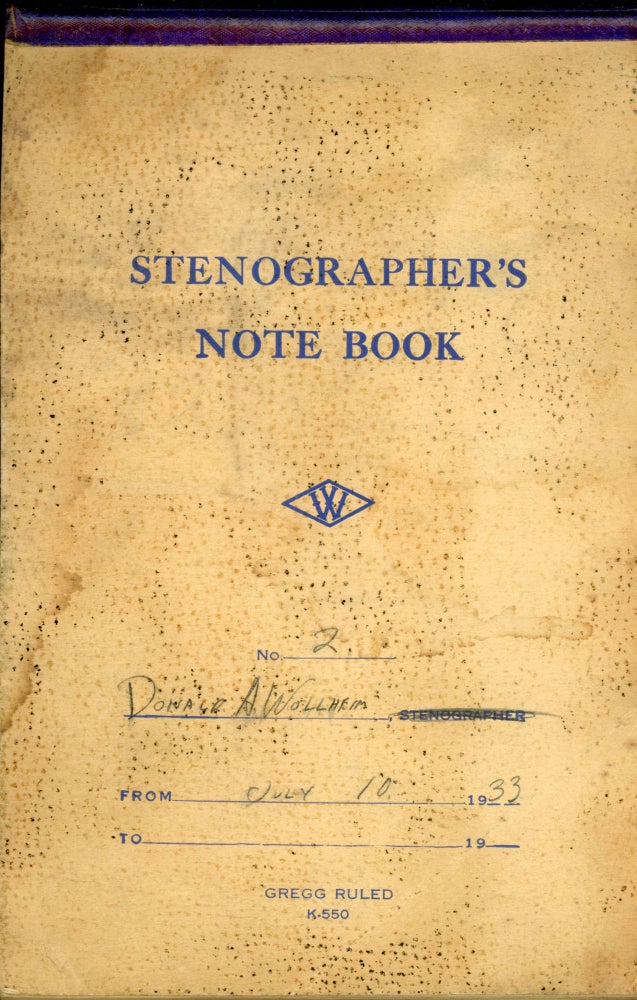 (#162873) "THE MAN FROM ARIEL" [short story]. AUTOGRAPH MANUSCRIPT, SIGNED (AMsS). Handwritten in pencil in a 6x9 inch stenographer's notebook dated 10 July 1933. Donald A. Wollheim.