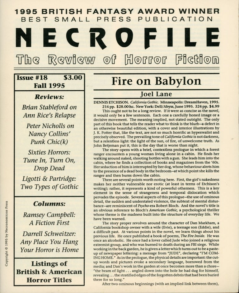 (#163790) NECROFILE: THE REVIEW OF HORROR FICTION. October 1995 ., Stefan Dziemianowicz. S. T. Joshi, Michael A. Morrison, number 18.