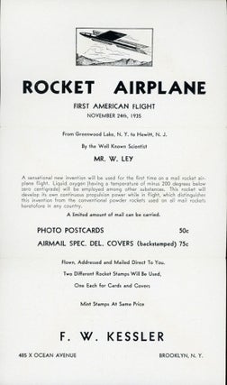 #163923) ROCKET AIRPLANE FIRST AMERICAN FLIGHT NOVEMBER 24, 1935 FROM GREENWOOD LAKE, N. Y. TO...