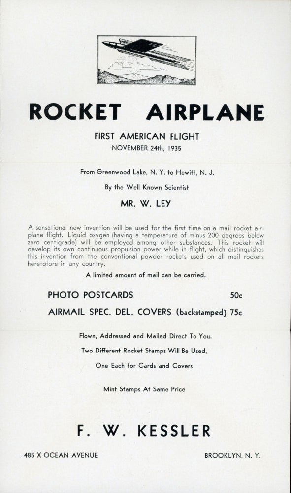 (#163923) ROCKET AIRPLANE FIRST AMERICAN FLIGHT NOVEMBER 24, 1935 FROM GREENWOOD LAKE, N. Y. TO HEWITT, N. J. ... [caption title]. Rocket Mail, F. W. Kessler.