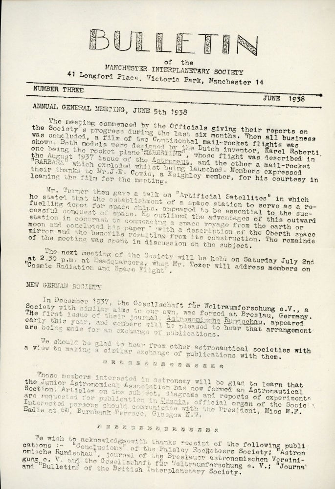 (#163937) BULLETIN OF THE MANCHESTER INTERPLANETARY SOCIETY. June 1938 ., Eric Burgess, number 3.