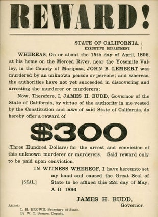 #164052) Reward! ... John B. Lembert was murdered ... I, James H. Budd, Governor of the State of...