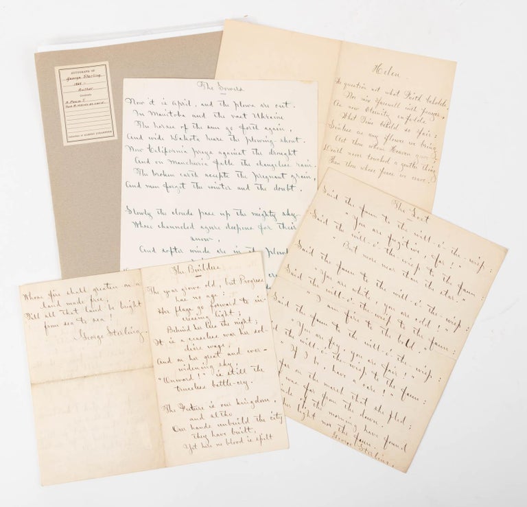 (#164480) FIVE HANDWRITTEN MANUSCRIPT POEMS (AMsS.), EACH SIGNED BY STERLING: "THE BUILDERS," "COMPENSATION," "HELEN," "THE LOST" and "THE SOWERS." George Sterling.