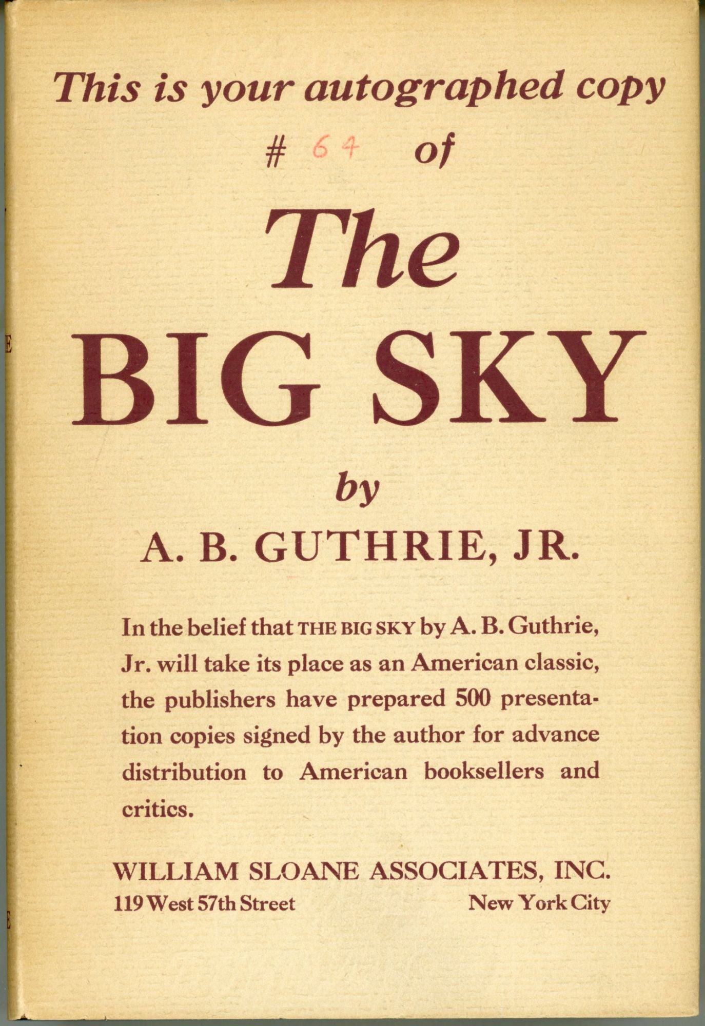 THE BIG SKY | A. B. Guthrie, Jr. | First Edition