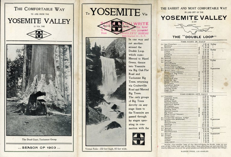 (#164903) The comfortable way to and from the Yosemite Valley is via the Merced Santa Fe route ... Season of 1903 [cover title]. YOSEMITE TRANSPORTATION CO.