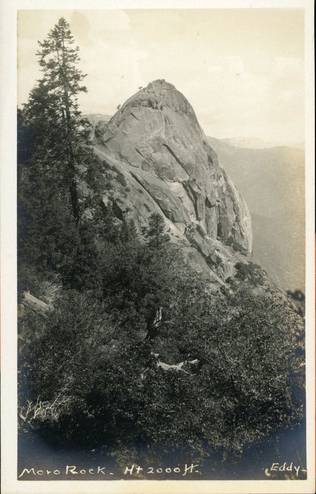 (#165031) [Sequoia National Park] Moro Rock -- Ht 2000 ft. Real photo postcard (RPPC). LINDLEY EDDY STUDIOS.