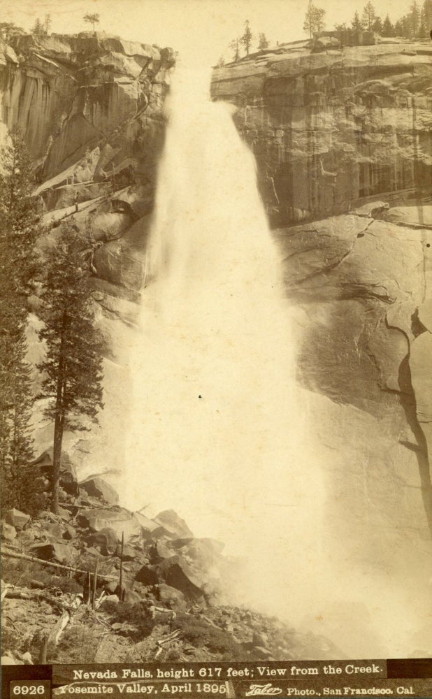 (#165038) [Yosemite Valley] Nevada Falls, height 617 feet; view from the creek. Yosemite Valley, April 1895. Albumen cabinet photograph. ISAIAH WEST TABER.