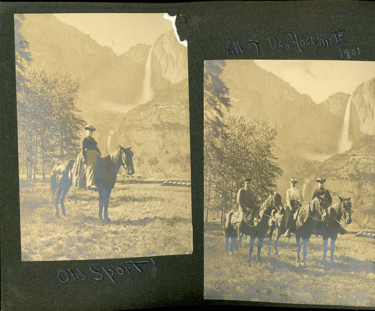 (#165086) [Yosemite National Park] An album of photographs recording a vacation in Yosemite National Park in 1901, a mixture of professional photographs, many by George Fiske, and photographs taken by the visitors. GEORGE FISKE, SEVERAL ANONYMOUS PHOTOGRAPHERS.