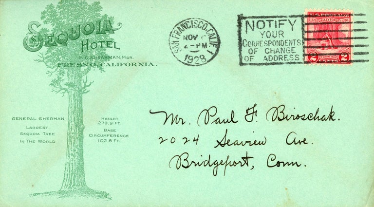 (#165110) Illustrated envelope for the Sequoia Hotel, Fresno, California. SEQUOIA HOTEL.