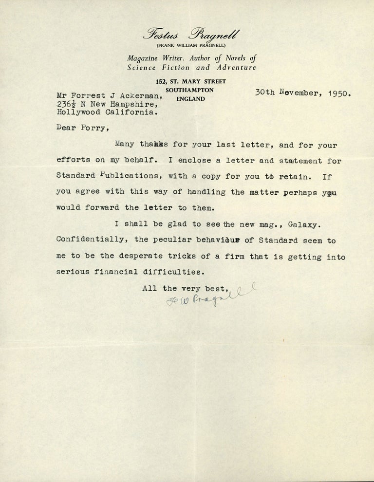 (#165372) Typewritten Letter, Signed (TLS). 1 page, dated 30 November 1950. To Forrest J. Ackerman. Festus Pragnell, Frank William Pragnell.