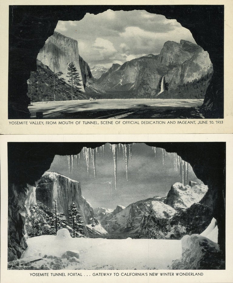 (#165986) Yosemite Valley from mouth of tunnel, scene of official dedication and pageant, June 10, 1933 [with] Yosemite tunnel portal ... Gateway to California's new winter wonderland [caption titles]. Advertising card, STANDARD OIL COMPANY OF CALIFORNIA.