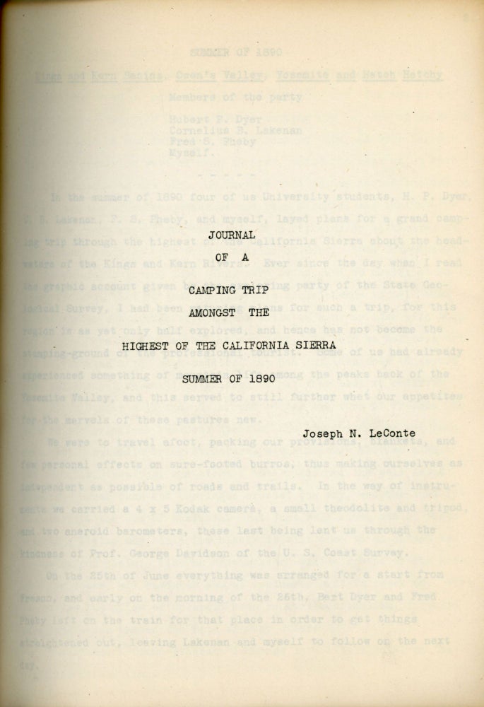 (#166089) Journal of a camping trip amongst the highest of the California Sierra summer of 1890 [by] Joseph N. LeConte. JOSEPH NISBET LeCONTE.