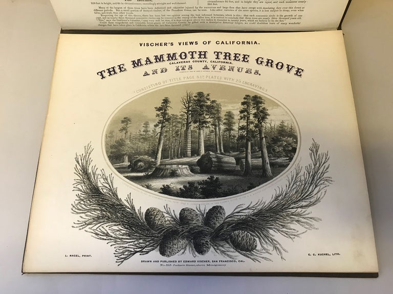 (#166220) The Mammoth Tree Grove Calaveras County, California. And its avenues. Typographical work by Agnew & Deffebach, San Francisco. Consisting of title page & 12 plates with 25 engravings. Entered according to Act of Congress in the year 1862 by Edward Vischer in the Clerk's Office of the U. S. District Court for the Northern District of Cal. L. Nagel, Print. C. C. Kuchel, Lith. Drawn and published by Edward Vischer, San Francisco, Cal. No. 515 Jackson Street, above Montgomery. EDWARD VISCHER.