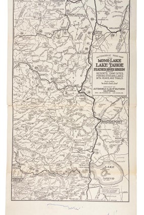 Automobile road map from Mono Lake to Lake Tahoe and Feather River region showing resorts, camp sites, fishing streams, lakes, mtn. peaks, and trails ... Copyright by Automobile Club of Southern California. 2601 So. Figueroa St. Los Angeles.
