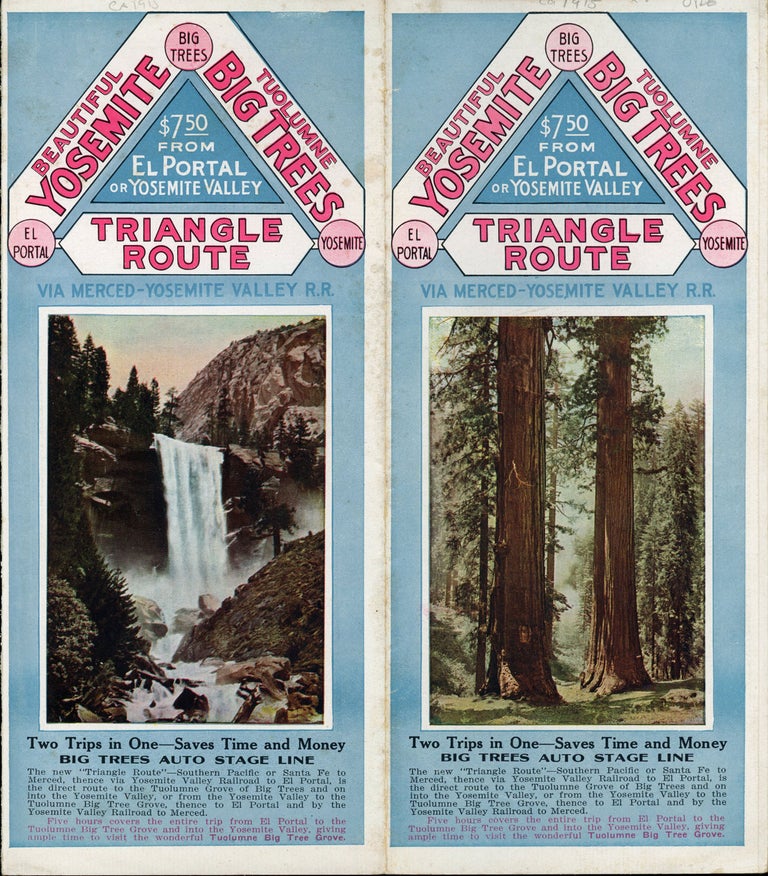 (#166485) Beautiful Yosemite Tuolumne Big Trees Triangle Route via Merced -- Yosemite Valley R. R. Two trips in one -- saves time and money[.] Big Trees Auto Stage Line[.] The new "Triangle Route" -- Southern Pacific or Santa Fe to Merced, thence via Yosemite Valley Railroad to El Portal, is the direct route to the Tuolumne Grove of Big Trees and on into the Yosemite Valley, or from the Yosemite Valley to the Tuolumne Big Tree Grove, thence to El Portal and by Yosemite Valley Railroad to Merced. Five hours covers the entire trip from El Portal to the Tuolumne Big Tree Grove and into the Yosemite Valley, giving ample time to visit the wonderful Tuolumne Big Tree grove [cover title]. BIG TREES AUTO STAGE LINE.