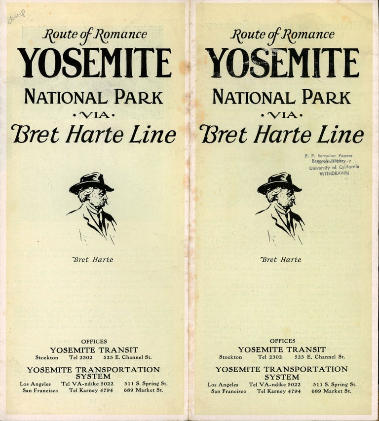 (#166501) Route of Romance[.] Yosemite National Park via Bret Harte Line[.] Offices Yosemite Transit Stockton Tel. 2302 525 E. Channel St. Yosemite Transportation System Los Angeles Tel. VA-ndike 5022 511 S. Spring St. San Francisco Tel. Karney [sic] 4794 689 Market St. [cover title]. YOSEMITE TRANSIT, YOSEMITE TRANSPORTATION SYSTEM.
