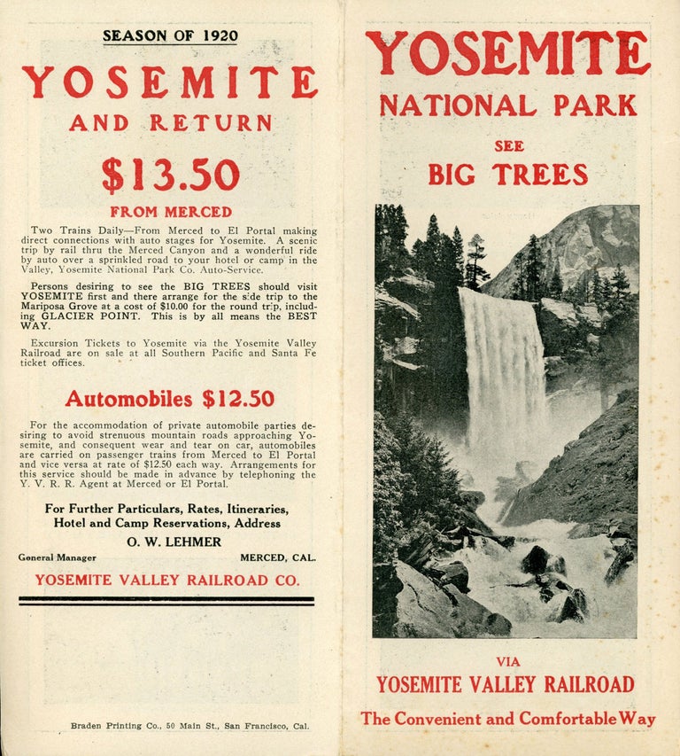 (#166504) Yosemite National Park see Big Trees via Yosemite Valley Railroad the convenient and comfortable way [cover title]. YOSEMITE VALLEY RAILROAD COMPANY.